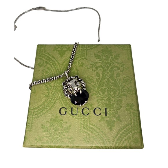 Gucci Jewelry - Gucci Sterling Silver Brass Swarovski Lion Head Necklace Black